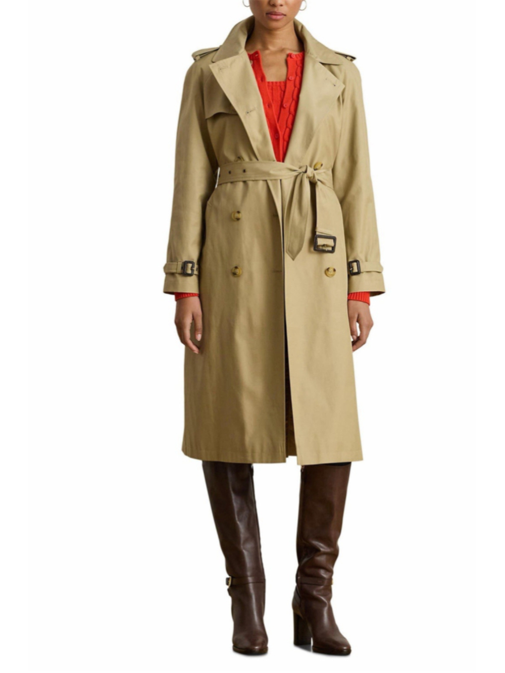 Lauren Ralph Lauren Belted Double Breasted Trench Coat Hood Cotton 2XL Sand NEW